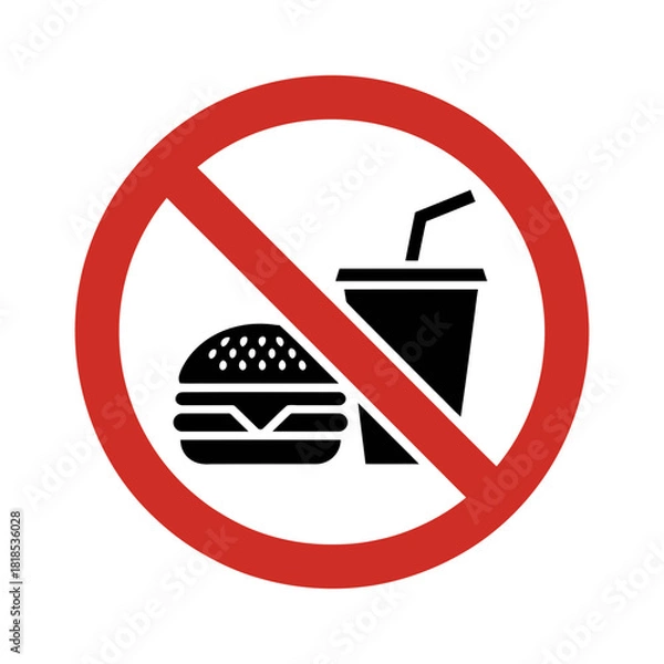 Fototapeta No fast food signage: a clear red circle with a diagonal line over a black hamburger and soda cup, indicating prohibition of unhealthy meals