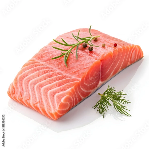 Fototapeta A raw salmon fillet is isolated on a pure white background, showcasing its vibrant color, freshness, texture,