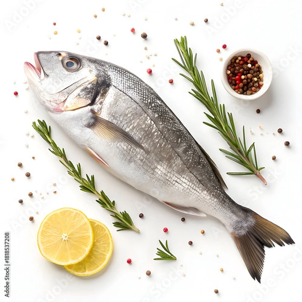 Fototapeta A raw whole fish of no specific brand or species is isolated on a white background, highlighting its freshness