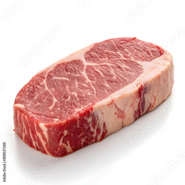 Fototapeta A single raw boneless beef steak is placed directly on a white background, highlighting its freshness, marbling,