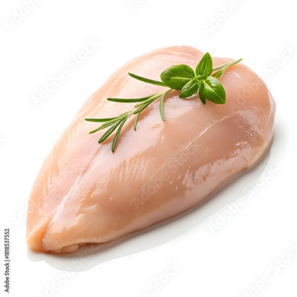 Fototapeta A single raw chicken breast is isolated on a white background, highlighting its clean texture, freshness