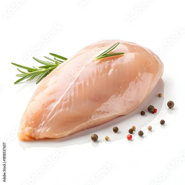 Fototapeta A single raw chicken breast is isolated on a white background, highlighting its clean texture, freshness