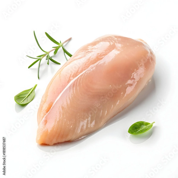 Fototapeta A single raw chicken breast is isolated on a white background, highlighting its clean texture, freshness