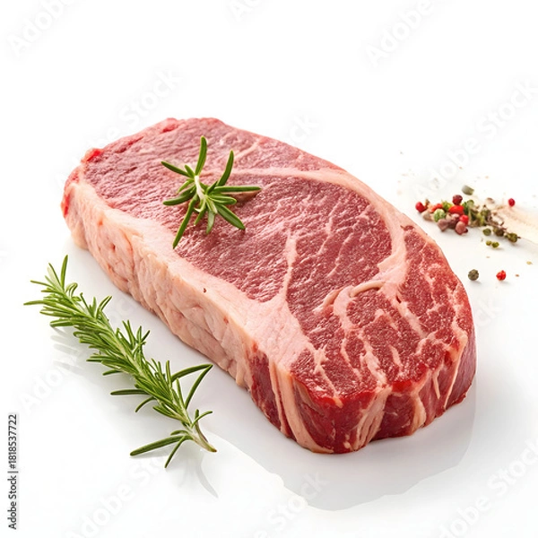 Fototapeta A single raw boneless beef steak is placed directly on a white background, highlighting its freshness, marbling,