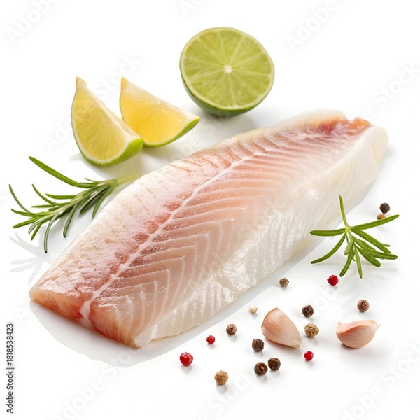 Fototapeta A single raw fish fillet is isolated on a pure white background, highlighting its freshness, clean texture,