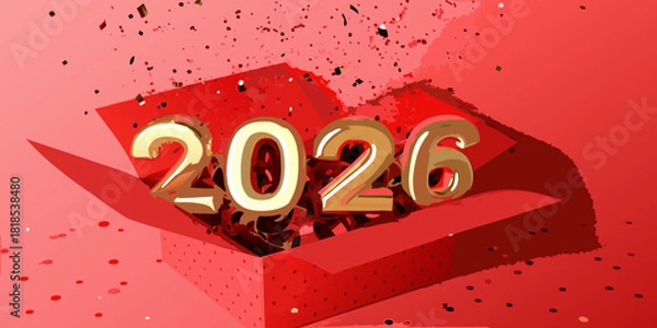 Fototapeta Golden 2026 emerging from a red gift box with confetti
