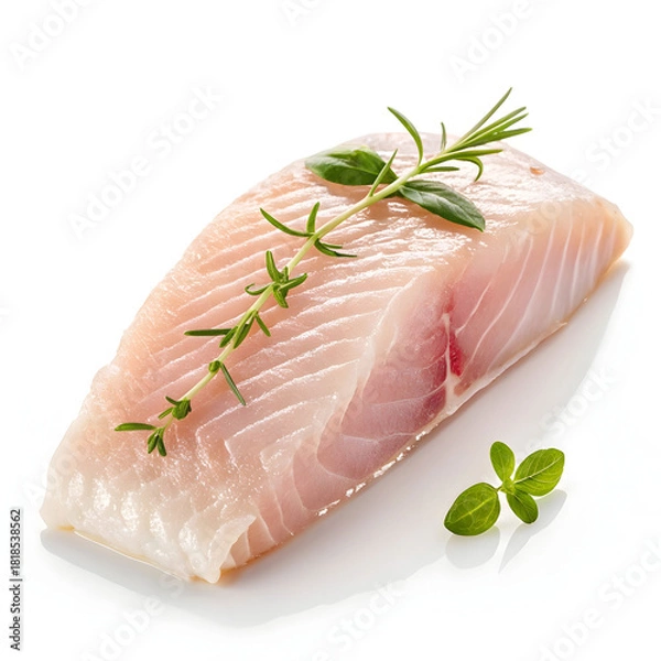 Fototapeta A single raw fish fillet is isolated on a pure white background, highlighting its freshness, clean texture,