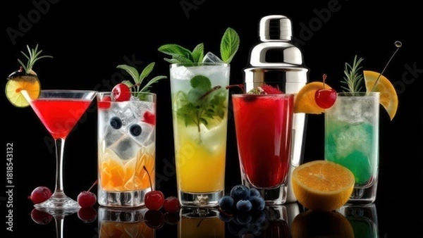 Obraz Colorful cocktails and shaker on dark background for beverage advertising