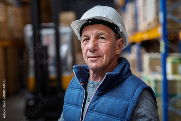 Fototapeta Portrait of mature warehouse worker with helmet.