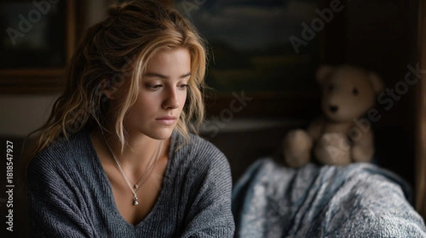 Obraz Emotional domestic scene of young woman experiencing postnatal depression, sitting alone near crib or sofa, hands clasped, soft natural light highlighting exhaustion, sadness, and anxiety in muted hom