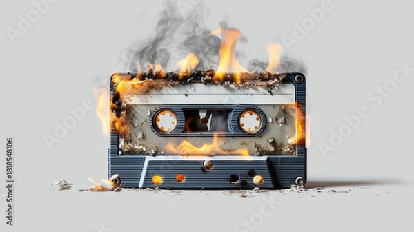 Obraz A burned out cassette tape with a fire burning through it