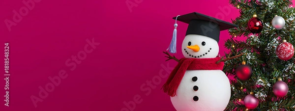 Fototapeta A cute snowman in a graduation cap stands next to a decorated Christmas tree against a pink studio background