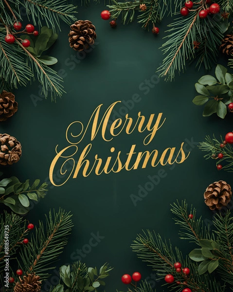 Fototapeta Merry Christmas and New Year greeting card border frame with green fir pine tree branches and winter holiday decoration