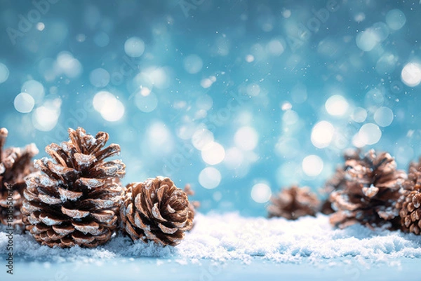 Fototapeta A serene winter landscape filled with pine cones resting on soft snow under a soothing blue backdrop, enhancing the festive atmosphere of the season