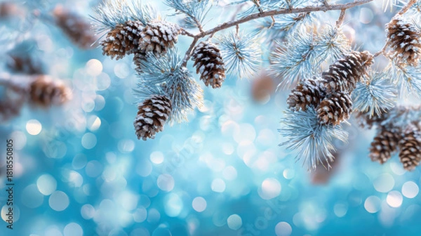 Fototapeta A magical winter landscape features shimmering icy blue tones and pine branches adorned with cones, perfect for celebrating Christmas or New Year