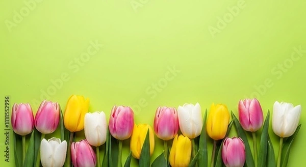 Fototapeta Vibrant Springtime Tulips Arranged Along The Bottom Edge Creating A Beautiful Floral Border On A Bright Lime Green Background With Ample Copy Space For Seasonal Designs And Greeting Cards