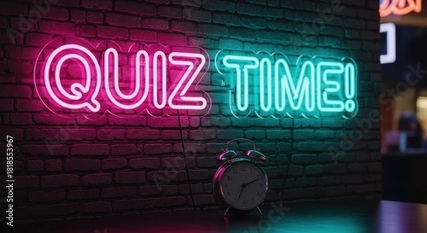 Fototapeta Quiz Time! Vibrant Neon Sign and Retro Alarm Clock on a Dark Brick Wall