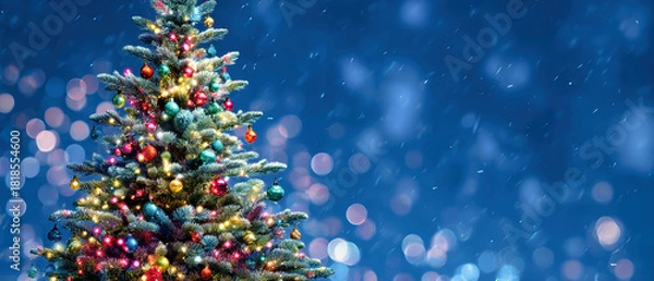 Obraz Experience the magic of the holiday season with a vibrant Christmas tree adorned with colorful ornaments and twinkling lights, set against a dreamy blue backdrop