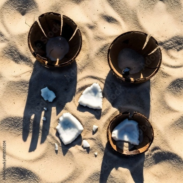 Fototapeta Coconut Shell Shadows on Sand – Top-View Tropical Flat Lay Composition