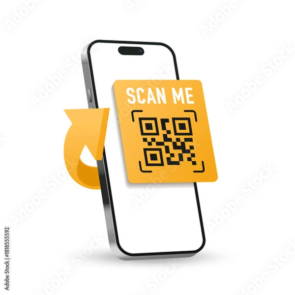 Fototapeta A smartphone with arrow. QR Code Verification. Scan me frame. QR code scan for smartphone. QR code for mobile app. Contactless payment. Vector illustration