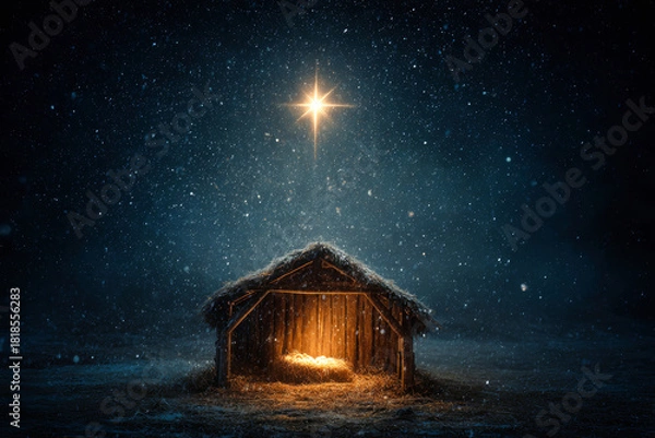 Fototapeta A bright star above an old manger radiates light on baby Jesus, surrounded by falling snowflakes in a serene, peaceful night setting