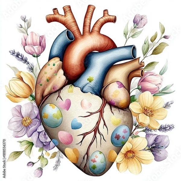 Fototapeta Human heart illustration adorned with pastel Easter eggs and floral accents for a unique medical design