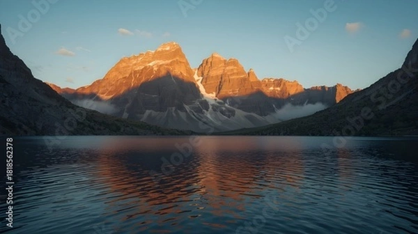 Fototapeta A serene mountain landscape at sunrise featuring warm golden light illuminating rocky peaks and reflecting on a calm lake