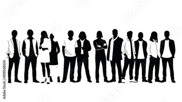 Fototapeta Silhouettes of a diverse group of people standing in a line