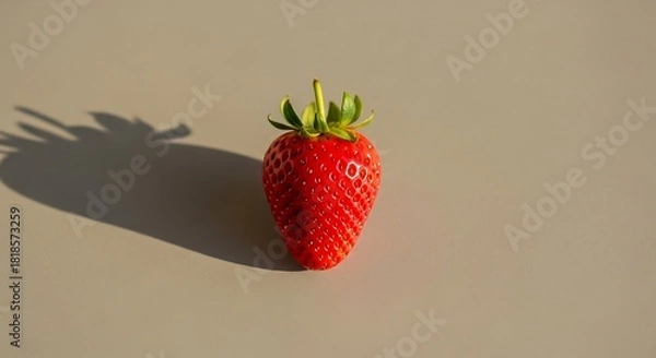 Fototapeta Vibrant Single Red Strawberry with Green Stem and Shadow