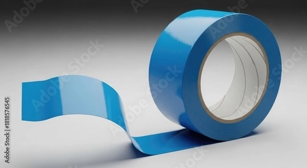 Obraz Blue plastic adhesive tape roll isolated on a white background