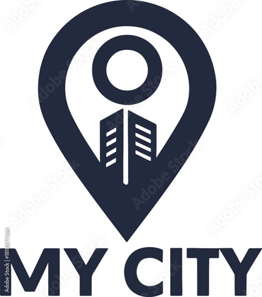 Fototapeta Location pin icon with abstract building and text my city
