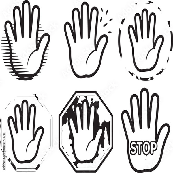 Fototapeta Six distinct stop hand gesture vector icons portraying various warning and prohibition concepts