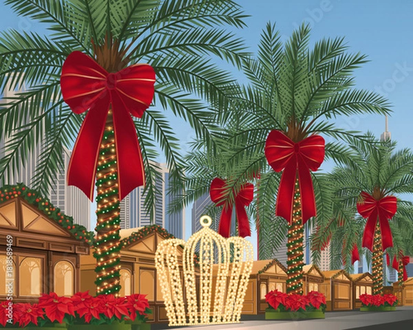 Obraz Illustration of christmas market with palm trees decorated with red bows in dubai, uae