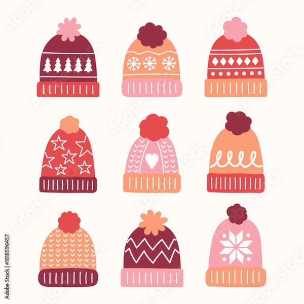 Obraz Colourful hand drawn winter hat set. Christmas elements. Vector illustration