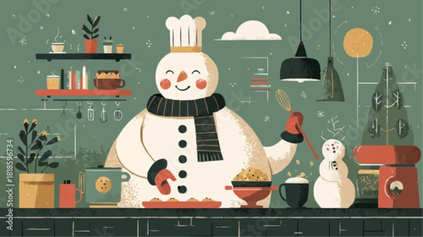 Obraz Snowman chef baking cookies in a festive kitchen, clean flat vector with simple shapes and warm seasonal mood on a light background.