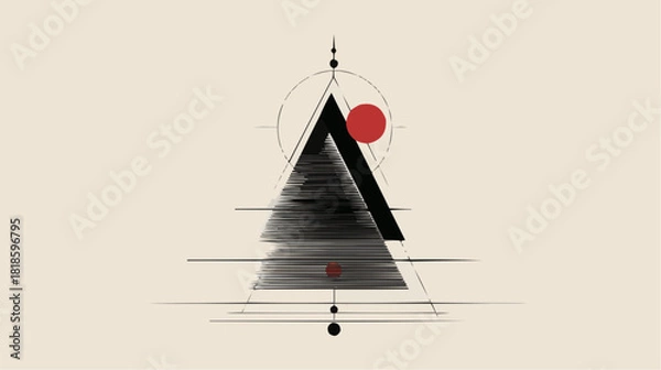 Obraz Ultra-minimal Christmas tree formed by one triangle and a single red ornament, clean geometric Nordic composition in monochrome with a tiny accent, elegant design for premium holiday packaging