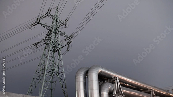 Fototapeta A close-up of a pipeline and a power transmission tower in the evening against a gray sky