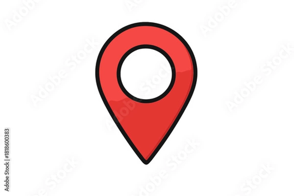 Obraz Bright red location pin marker with black outline and subtle drop shadow on white background