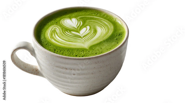 Obraz A close up of a white mug filled with green matcha latte art featuring heart shapes on a black background
