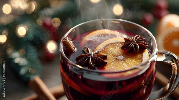 Fototapeta Realistic festive mulled wine top view with holiday background