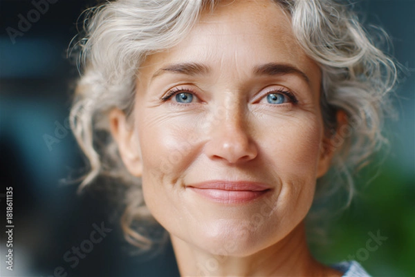 Fototapeta Portrait of mature woman with gray hair smiling softly in natural light, conveying warmth, confidence and calm presence with a modern, inclusive and positive lifestyle mood.
