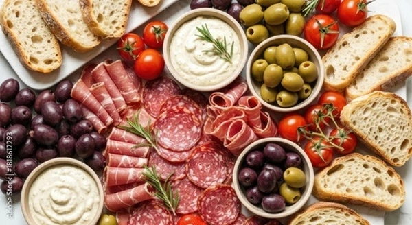 Fototapeta Overhead view of a vibrant charcuterie board with various food items