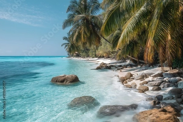 Fototapeta palm trees on the beach tropical beach with palm trees and turquoise water