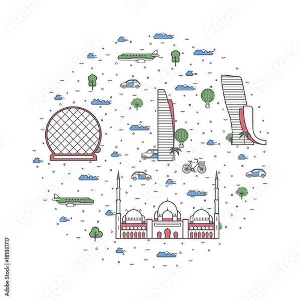 Obraz UAE travel poster with national architectural attractions. Historic emirates famous landmarks and traditional symbols on white background. Touristic advertising vector layout in trendy linear style.