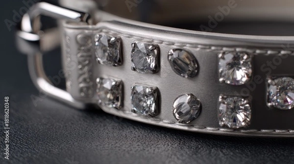 Fototapeta Macro shot of diamond-studded pet collar with elegant sparkle, Luxury velvet dog collar with gemstone details in soft lighting, Close-up of high-end pet accessory, leather and crystal design, luxury p