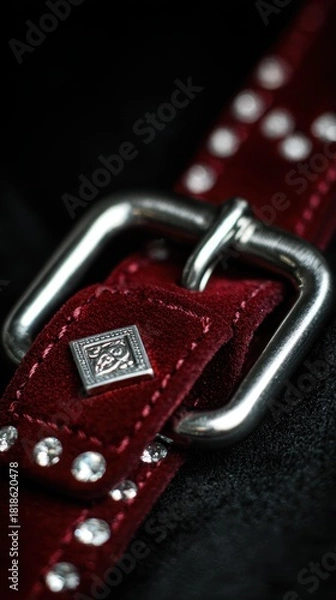 Fototapeta Macro shot of diamond-studded pet collar with elegant sparkle, Luxury velvet dog collar with gemstone details in soft lighting, Close-up of high-end pet accessory, leather and crystal design, luxury p