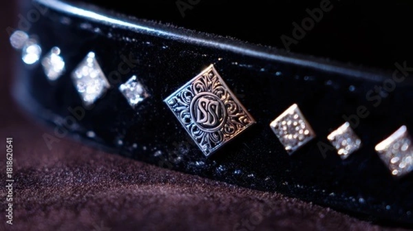 Fototapeta Macro shot of diamond-studded pet collar with elegant sparkle, Luxury velvet dog collar with gemstone details in soft lighting, Close-up of high-end pet accessory, leather and crystal design, luxury p