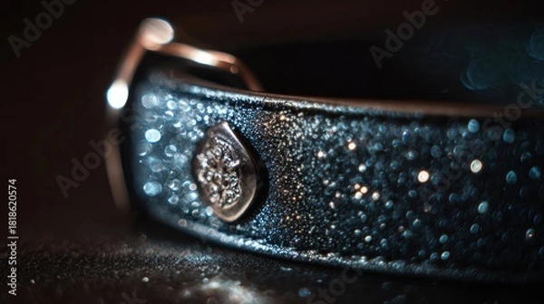 Fototapeta Macro shot of diamond-studded pet collar with elegant sparkle, Luxury velvet dog collar with gemstone details in soft lighting, Close-up of high-end pet accessory, leather and crystal design, luxury p