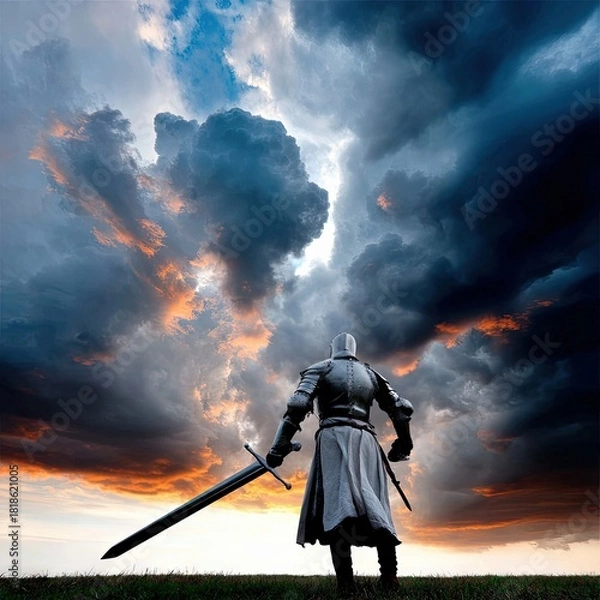 Fototapeta A lone knight in full armor stands with a sword, facing a dramatic, stormy sky with dramatic clouds and sunset colors. The scene is set outdoors on a grassy fie