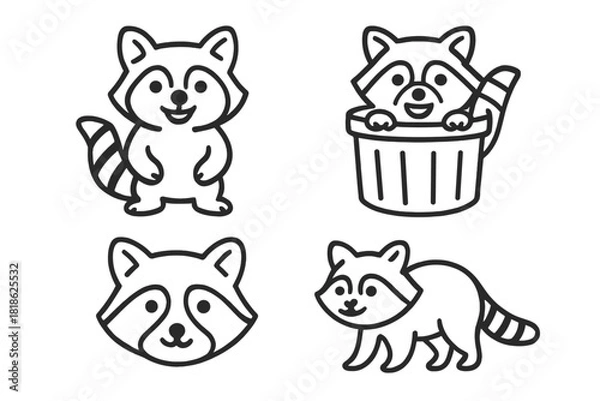 Fototapeta Cute cartoon raccoon characters set standing, walking, and climbing out of a trash can
